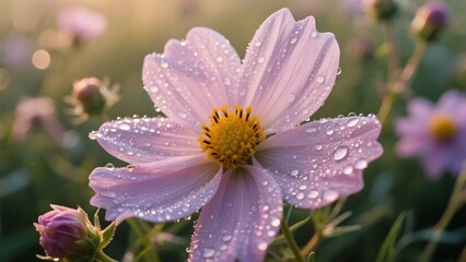 Obraz premium Dew-Drenched Cosmos Flower in a Garden at Dawn