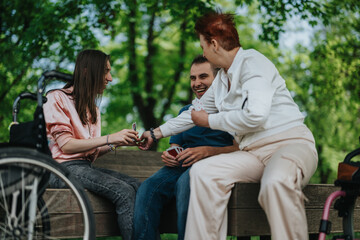 A group of friends having a lively conversation while seated outdoors. A wheelchair is present,...