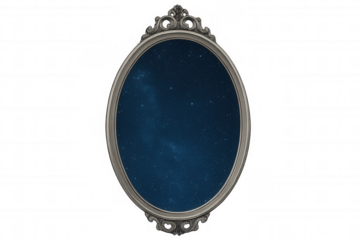 Oval mirror with ornate frame reflecting a starry night sky, isolated on transparent background