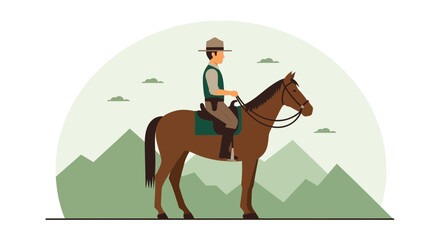 Horseback riding illustration featuring a park ranger in a mountainous backdrop suitable for educational or recreational materials