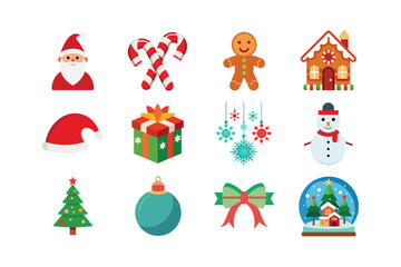 Winter Holiday Decorative Vector Set – Santa, Elf, Tree, Reindeer, Gifts, Lights, and Festive Design Elements
