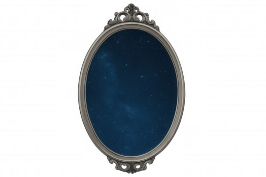 Oval mirror with ornate frame reflecting a starry night sky, isolated on transparent background