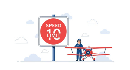Humorous Flight: Pilot Abiding a Speed Limit Sign Next to a Biplane