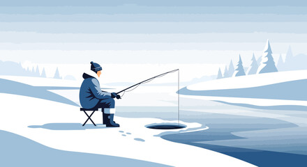 Ice Angler Enjoying Winter Serenity And Pursuing His Frozen Water Passion