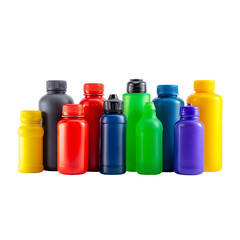Vibrant collection of colorful plastic bottles, perfect for product showcasing, branding, and creative design concepts.