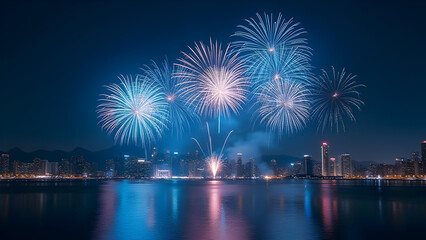 Spectacular Fireworks Display over a City Skyline Reflected in the Water