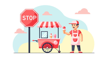 Ice Cream Vendor Next To Stop Sign Selling Sweet Treats on Summer Day