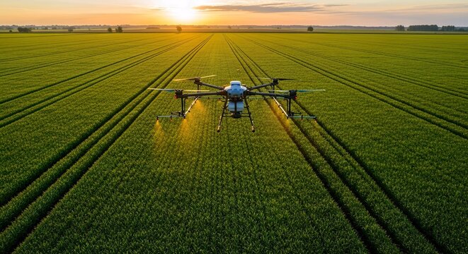Precision Agriculture Drone Spraying Crops in Green Field at Golden Hour
