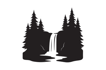 Forest with a waterfall silhouette vector art illustration on white background