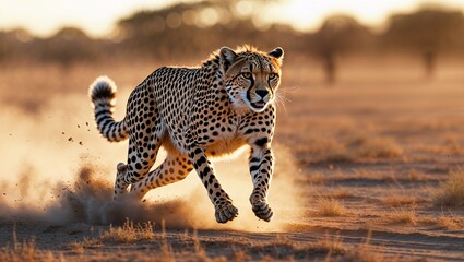 広大なサバンナを全速力で走るチーターの姿、力強く美しい野生の瞬間を描いたイラスト