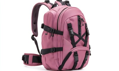 A vibrant, pinkish-rose backpack with black straps and buckles, presented in a studio shot