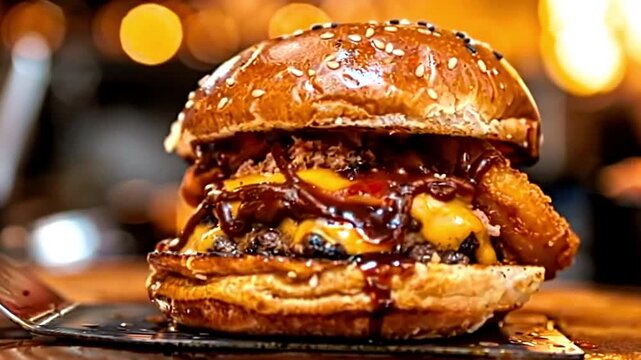A large gourmet burger with cheese fried onions and barbecue sauce on a sesame seed bun sits on a metal spatula against a blurred background