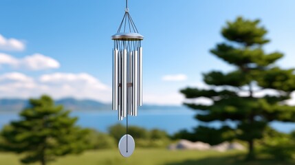 A serene metal wind chime swaying in the breeze against a blurred landscape.