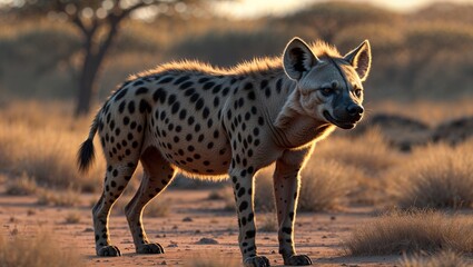 砂漠の中を警戒しながら歩くハイエナ、自然の厳しさを表現したイラスト