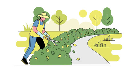 Illustration of a gardener trimming bushes along a park path on a sunny day shows care