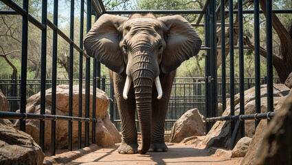 檻越しに見えるゾウの全身、力強さと穏やかさを表現したイラスト