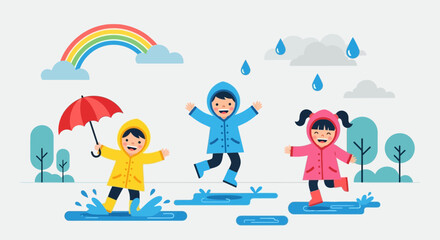 Fototapeta premium Joyful Children Playing Outdoors in Rainy Weather With Rainbow Illustration