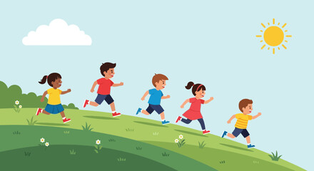 Joyful Children Running Outdoors On A Sunny Day In A Vibrant Landscape