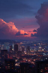 Serene Dusk View of Cityscape Illuminating the Horizon with Soft Twilight Colors Against an Urban Skyline Silhouette, Capturing a Peaceful Evening Ambiance