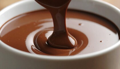 Rich, Flowing Chocolate Poured into a White Ceramic Mug, Close-Up View