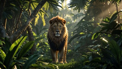 茂みの中で静かに佇むライオン、自然の王者を表現したイラスト