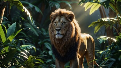 ジャングル背景にライオンがたたずむ、迫力と雄大さあふれる動物イラスト