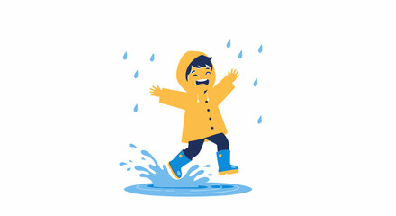 Joyful Youngster Splashing in Puddles During Rainy Day Outdoors Scene