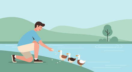 Kind Man Feeding Ducks By Lakeside Park On A Sunny Day Illustration