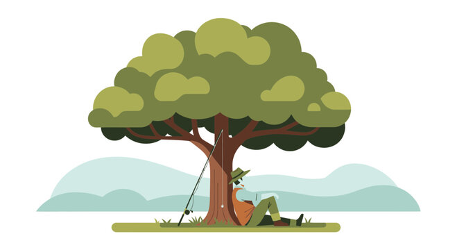 Lazy Afternoon Fishing In The Countryside With Large Shady Tree Minimalistic Style