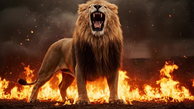 Majestic Lion Roaring in Flames - A powerful lion stands amidst a fiery inferno, its mane illuminated by the intense flames. The video evokes strength, courage, and a sense of triumph.