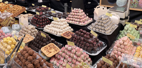Assorted Colorful Marzipan Sweets and Chocolates at The European Street Market