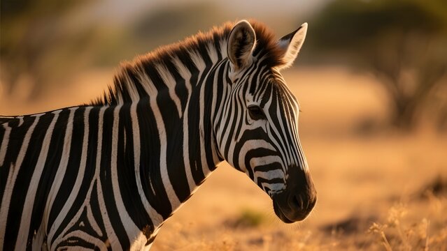 A zebra stands in a sunlit savanna, showcasing its distinctive black and white stripes.