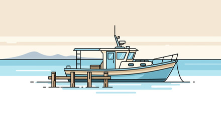 Obraz premium Light Blue Fishing Boat Docked At Wooden Pier Near Hilly Coastline