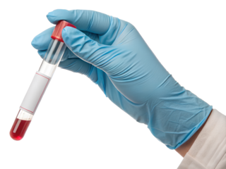 A close-up of a hand wearing a blue medical glove holding a test tube containing a small amount of blood with a red cap, isolated on a white background, used for laboratory testing or medical diagnost