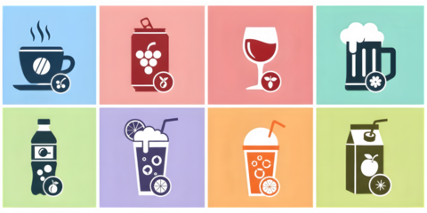 Beverage drinks collection: coffee, juice, soda, beer, wine, vector art illustration