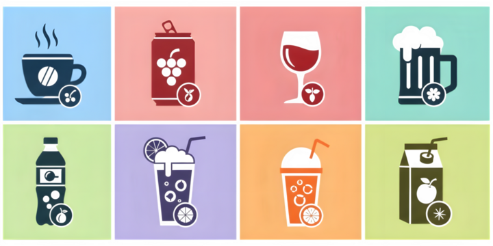 Beverage drinks collection: coffee, juice, soda, beer, wine, vector art illustration