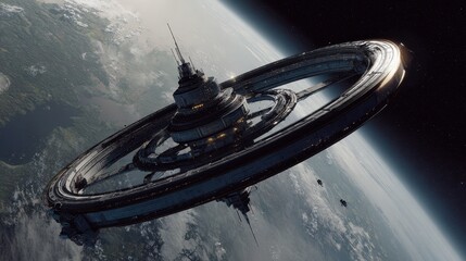 Space station orbiting Earth, sunrise, science fiction, futuristic habitat