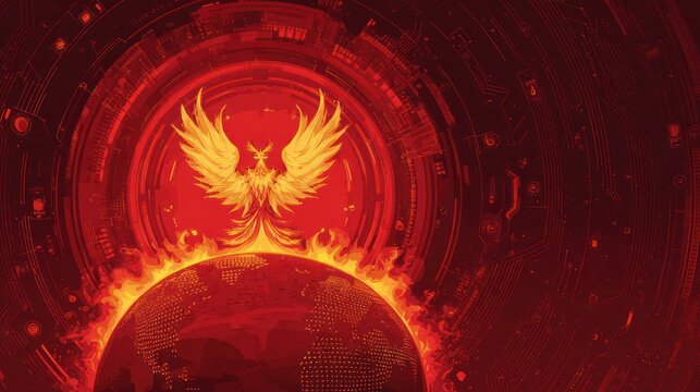 Red phoenix above Earth, surrounded by tech rings, in a stylized design