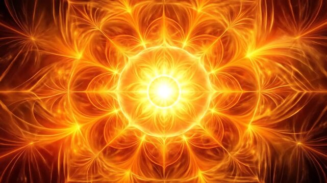 Radiant Orange Mandala Pattern Sacred Geometry Art with Intricate Details and Fractal Design Illuminating Spiritual Energy on Warm Fire Background