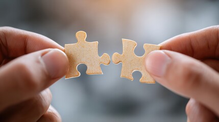 A close-up view of two hands carefully connecting two wooden puzzle pieces, symbolizing problem-solving and collaboration in a creative process.