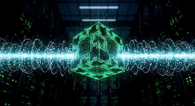 Futuristic server room with glowing cube and data streams, representing advanced technology and connectivity