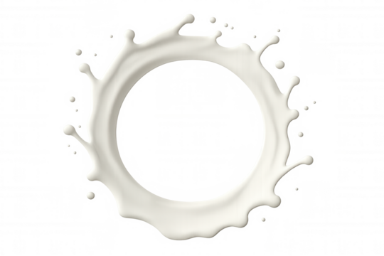 Milk-white paint creating circular splash pattern, droplets radiating dynamically against clean transparent surface