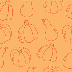 Seamless pattern with hand drawn outline pumpkins on orange background. Autumn doodle pattern. 