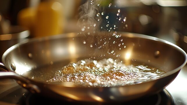 Stainless saut&eacute; pan half-filled with shimmering oil frying tajadas  