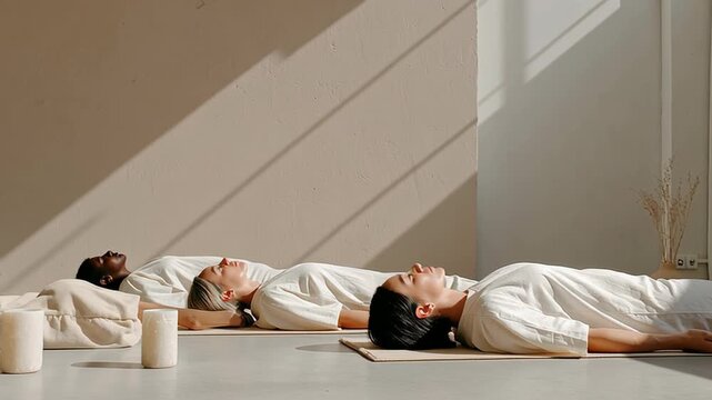 Diverse group practicing yoga nidra in tranquil sunlit studio setting