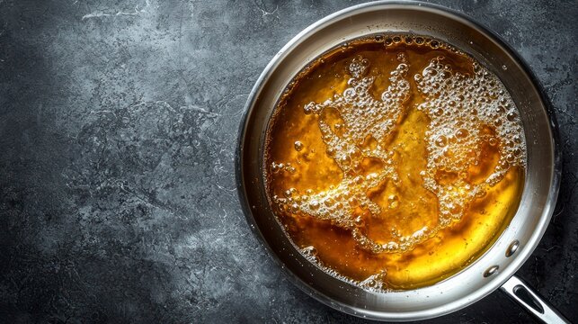 Stainless saut&eacute; pan half-filled with shimmering oil and frying tajadas  