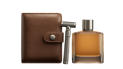 Travel-size grooming kit with razor and cologne, isolated on transparent background
