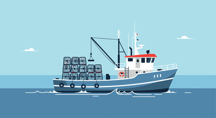 Fototapeta premium Lobster Fishing Boat with Traps at Sea Commercial Fishing Industry Illustration