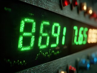 Close-up of Green LED Digital Display Showing 359,155; Retro Technology Panel