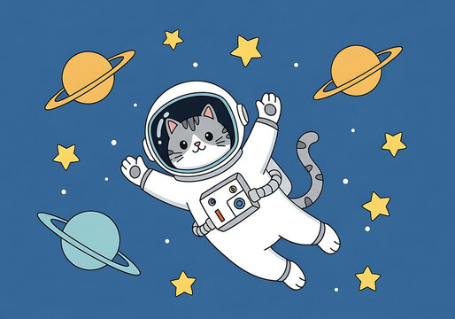 Cute cartoon cat astronaut floating in outer space with planets and stars